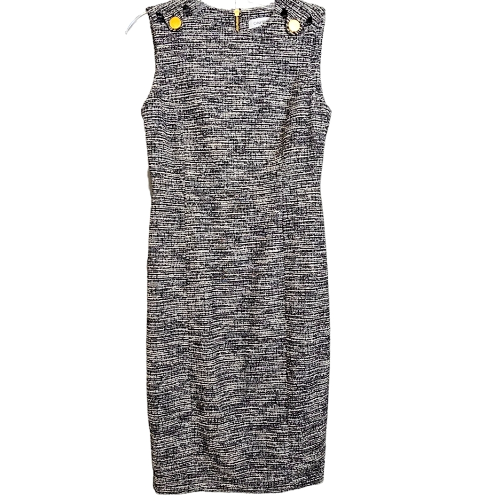 Calvin Klein Nwot Blk/White Knit w/Shoulder Cutout /Gold Sleeveless Sheath Dress
